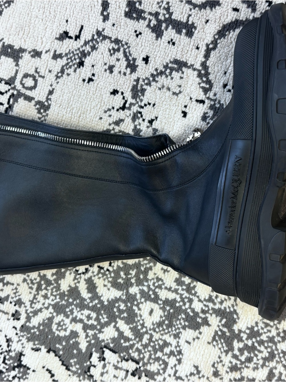 Alexander McQueen Black Leather Knee Boot with Front Zip